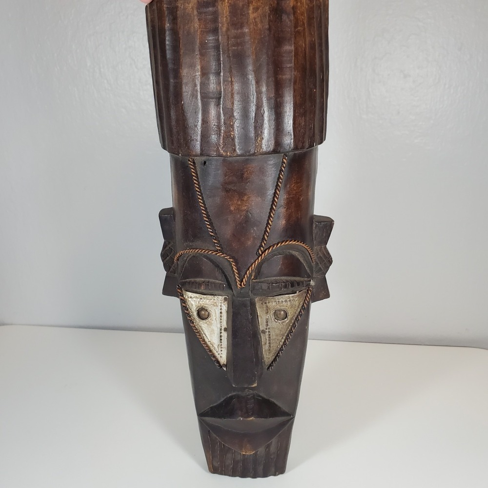 Ghana Wooden Mask Hand Carved Hammered Metal 14 Inches Long Tribal Hang Art
